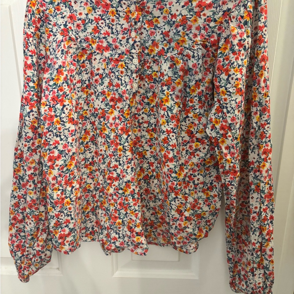 Girls Old Navy White Floral Button-Front Blouse with Red & Yellow Flowers